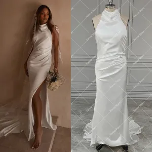 Modern Glossy Satin High Neck Sexy Bridal Gowns Bias Cut Thigh Slit Ruched Halter Open Back Customized Simple Wedding Dress