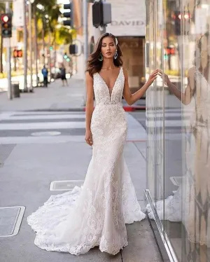 Modern Wedding Dresses Elegant Bridal Gowns Lace Appliques Sexy Deep V-Neck Backless Robes For Formal Party Vestidos De Novia