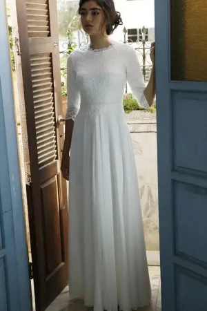 Modest 3/4 Sleeves Floor Length Chiffon Wedding Dresses with Lace Top, MW724