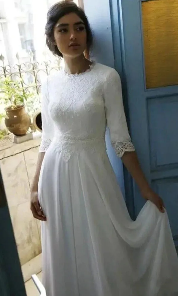 Modest 3/4 Sleeves Floor Length Chiffon Wedding Dresses with Lace Top, MW724
