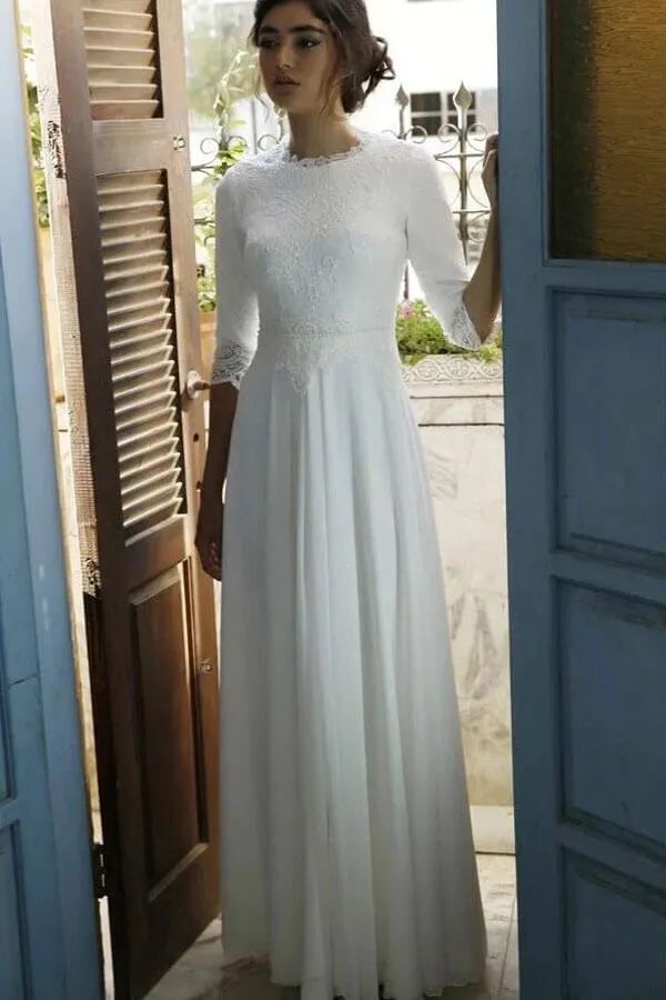 Modest 3/4 Sleeves Floor Length Chiffon Wedding Dresses with Lace Top, MW724