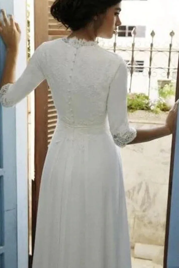Modest 3/4 Sleeves Floor Length Chiffon Wedding Dresses with Lace Top, MW724