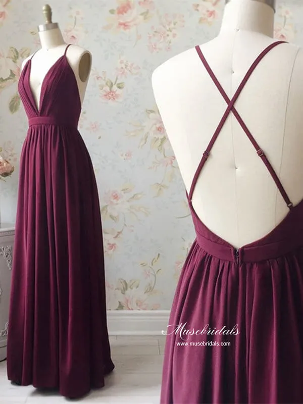Modest Burgundy Chiffon A-line V-neck Floor Length Bridesmaid Dresses, MBD268
