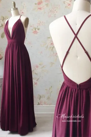 Modest Burgundy Chiffon A-line V-neck Floor Length Bridesmaid Dresses, MBD268