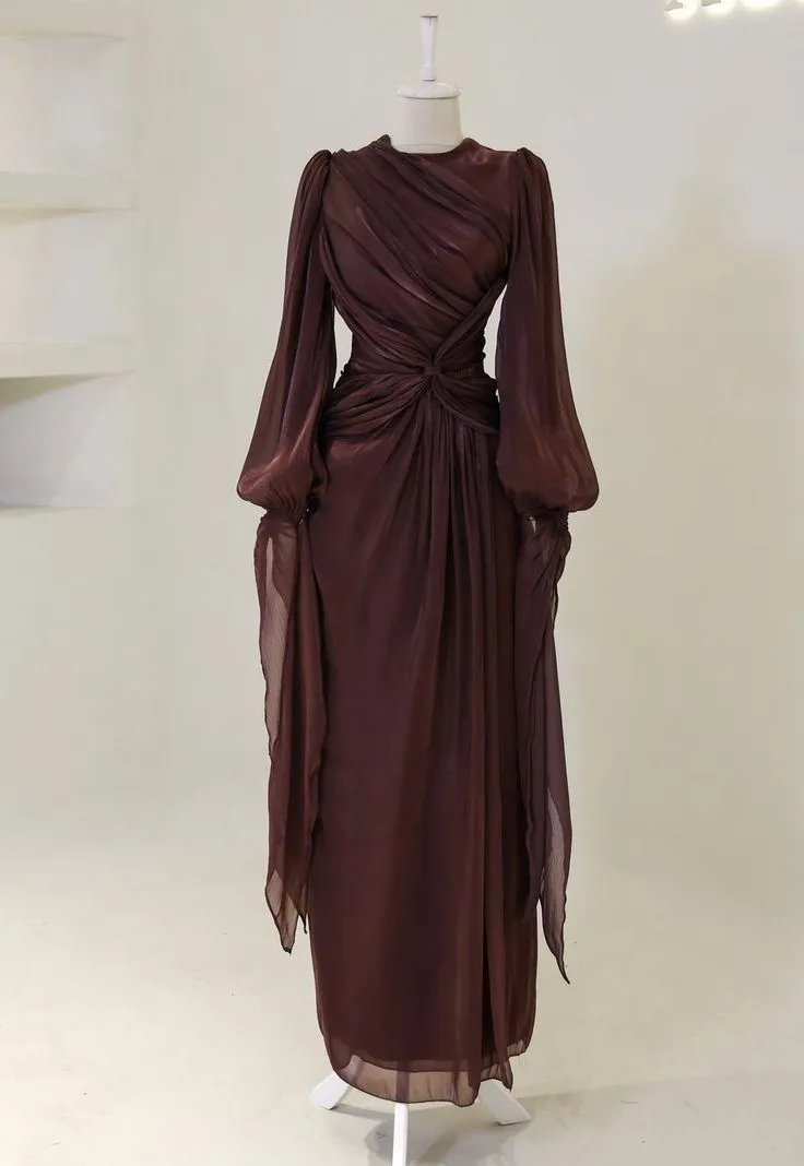 Modest Burgundy Long Sleeves Sheath Chiffon Long Party Dress Evening Dress, D979