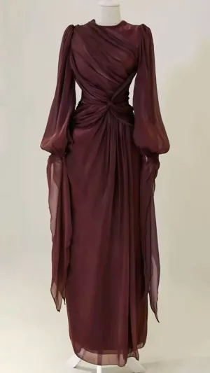 Modest Burgundy Long Sleeves Sheath Chiffon Long Party Dress Evening Dress, D979