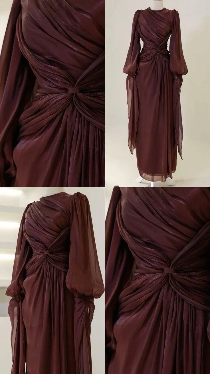 Modest Burgundy Long Sleeves Sheath Chiffon Long Party Dress Evening Dress, D979