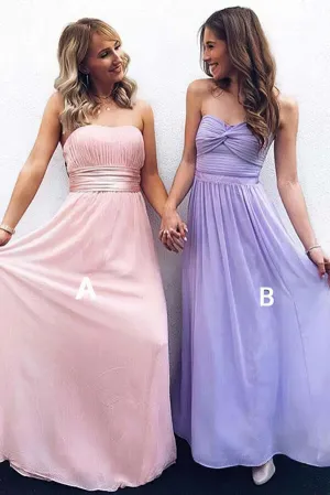 Modest Chiffon A-line Strapless Ruched Floor Length Bridesmaid Dresses, MBD240