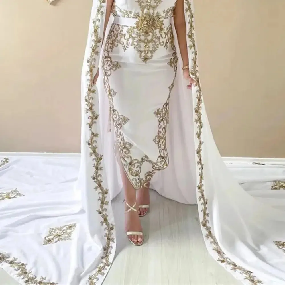 Modest White Traditional Algerian Outfits Mermaid Strapless Appliques Cape With Train Floor Length Formal Prom Gowns