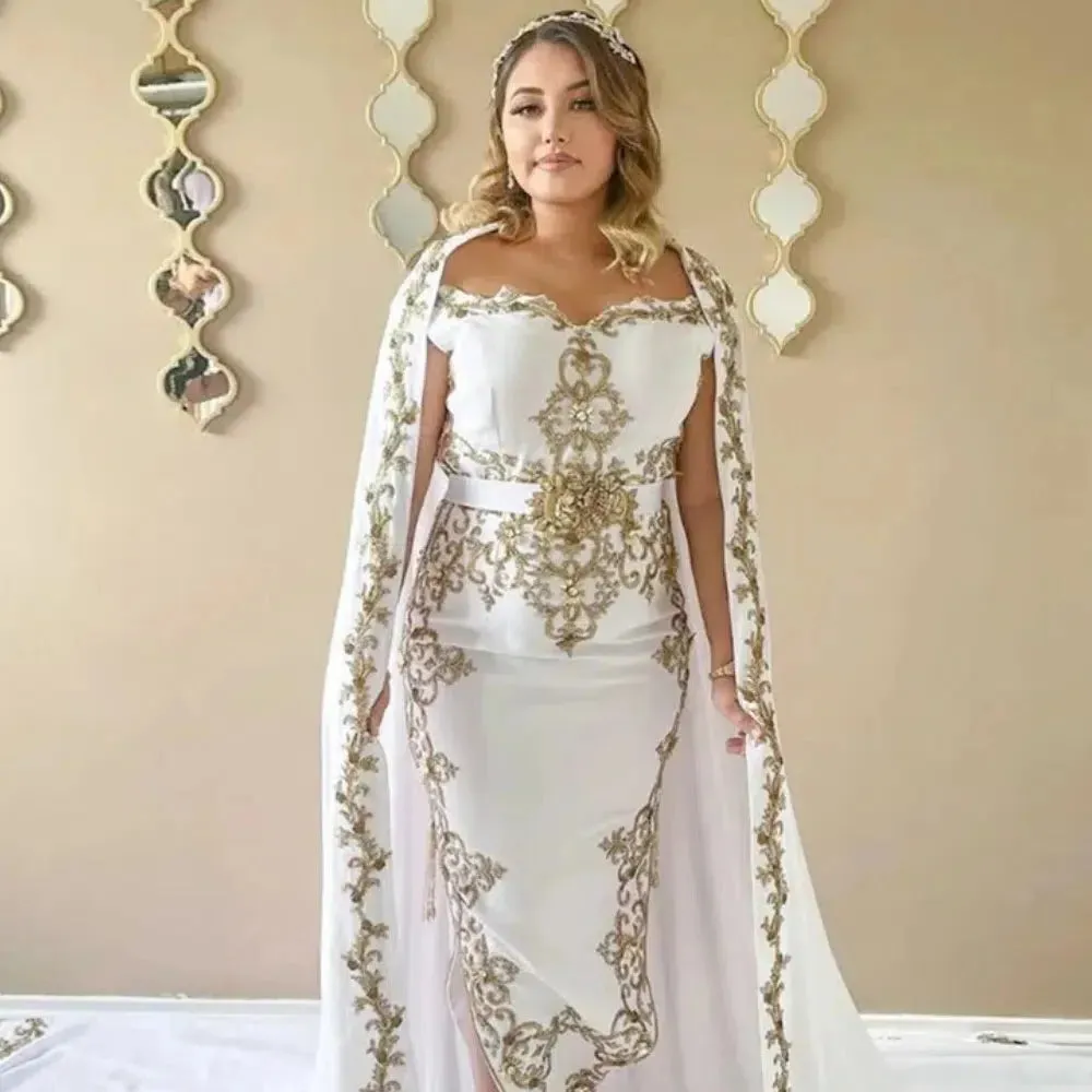 Modest White Traditional Algerian Outfits Mermaid Strapless Appliques Cape With Train Floor Length Formal Prom Gowns