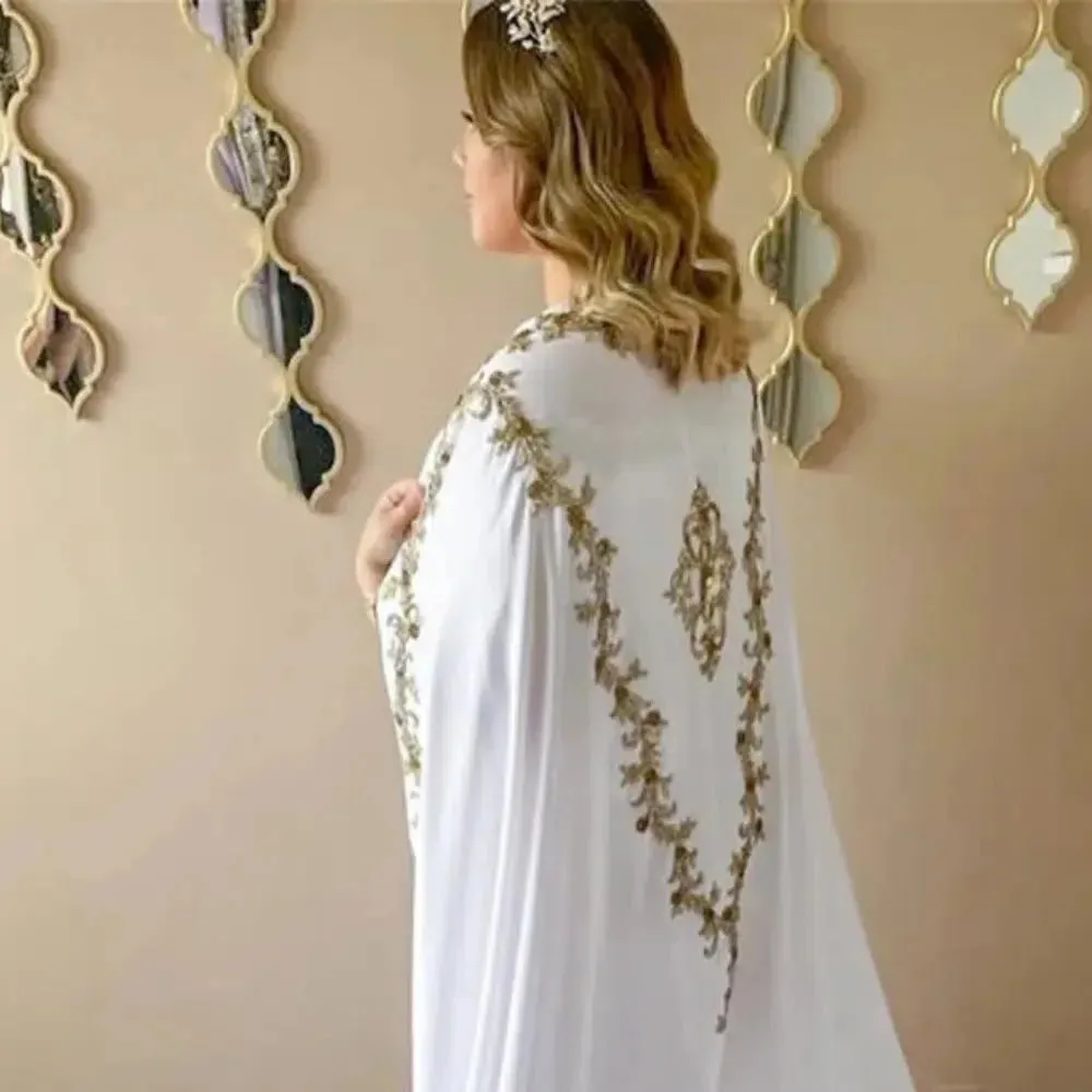 Modest White Traditional Algerian Outfits Mermaid Strapless Appliques Cape With Train Floor Length Formal Prom Gowns