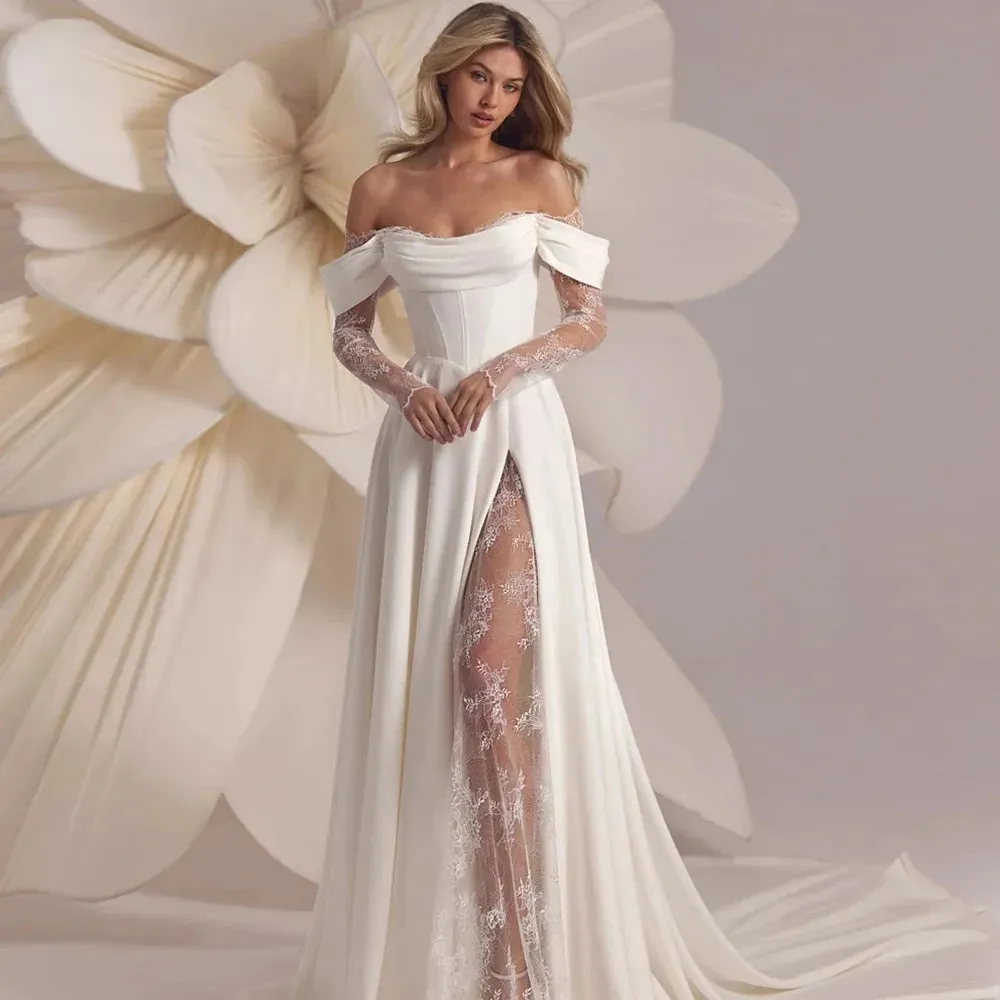 Morden Side Silt Wedding Dresses With Lace For Woman Exquisite Sweetheart Neck Bridal Gowns With Illusion Sleeves