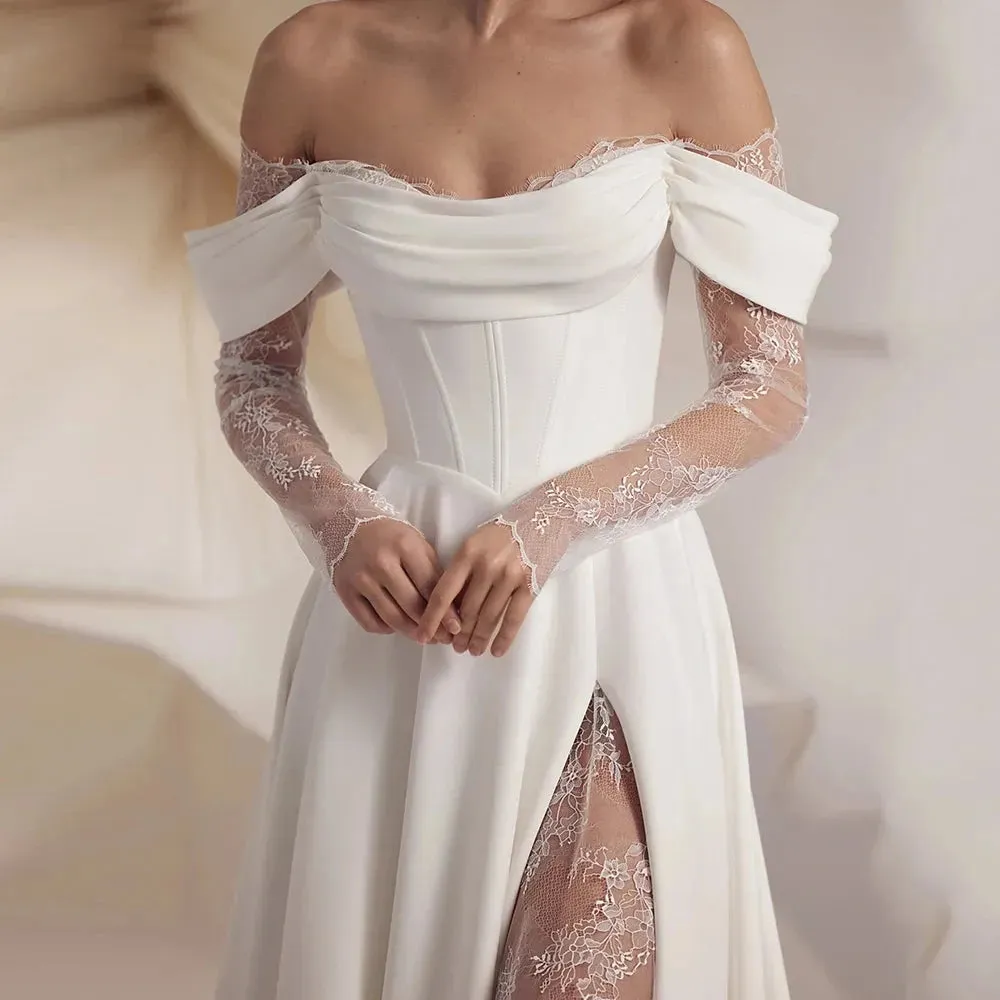 Morden Side Silt Wedding Dresses With Lace For Woman Exquisite Sweetheart Neck Bridal Gowns With Illusion Sleeves