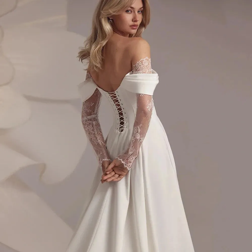 Morden Side Silt Wedding Dresses With Lace For Woman Exquisite Sweetheart Neck Bridal Gowns With Illusion Sleeves