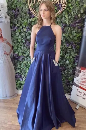 Navy Blue Satin A-line Lace Up Back Simple Prom Dresses With Pockets, MP768