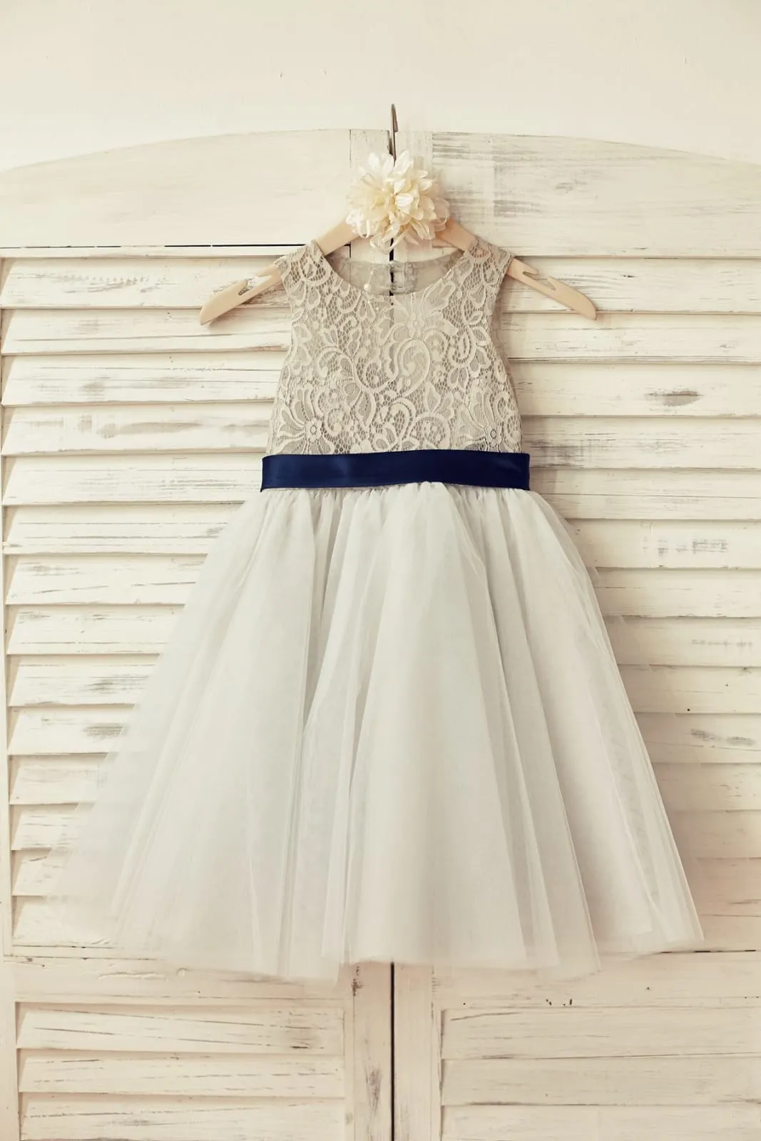Navy Blue/Gray Lace Tulle Keyhole Back Flower Girl Dress