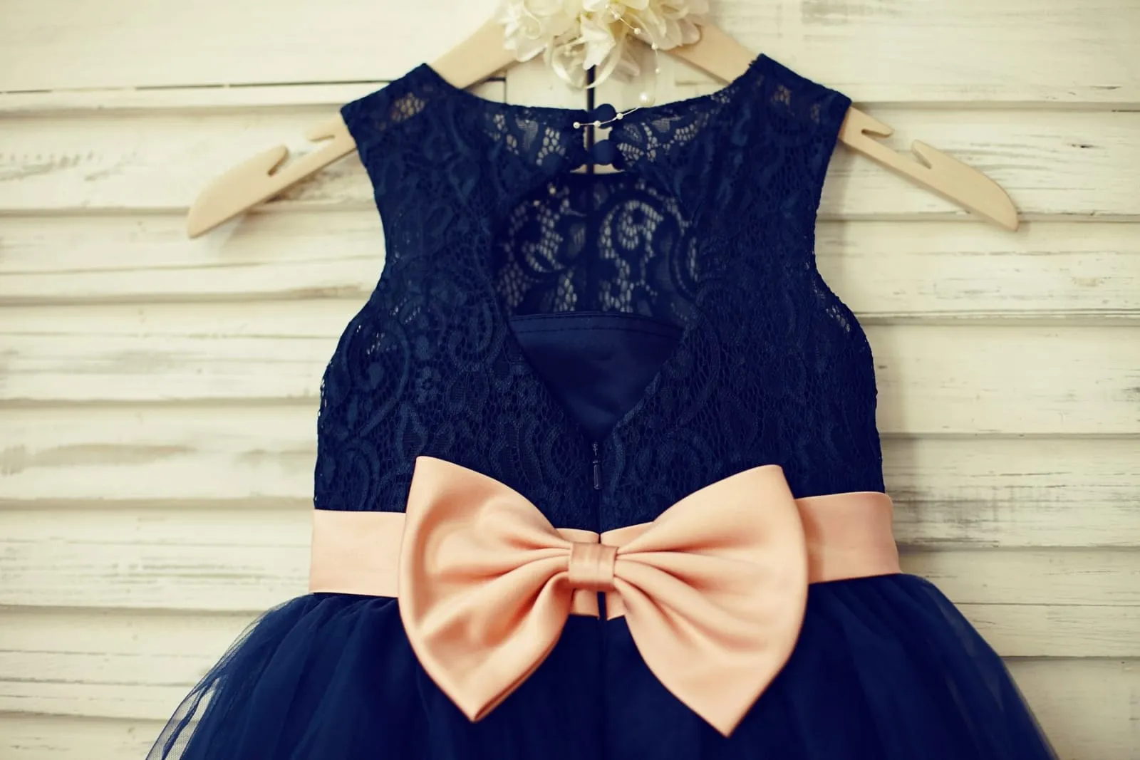 Navy Blue/Gray Lace Tulle Keyhole Back Flower Girl Dress