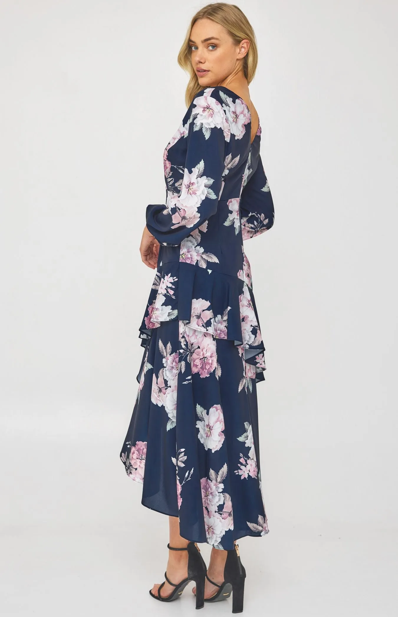 Navy Floral Cocktail Dress with Layered Waterfall Hem
