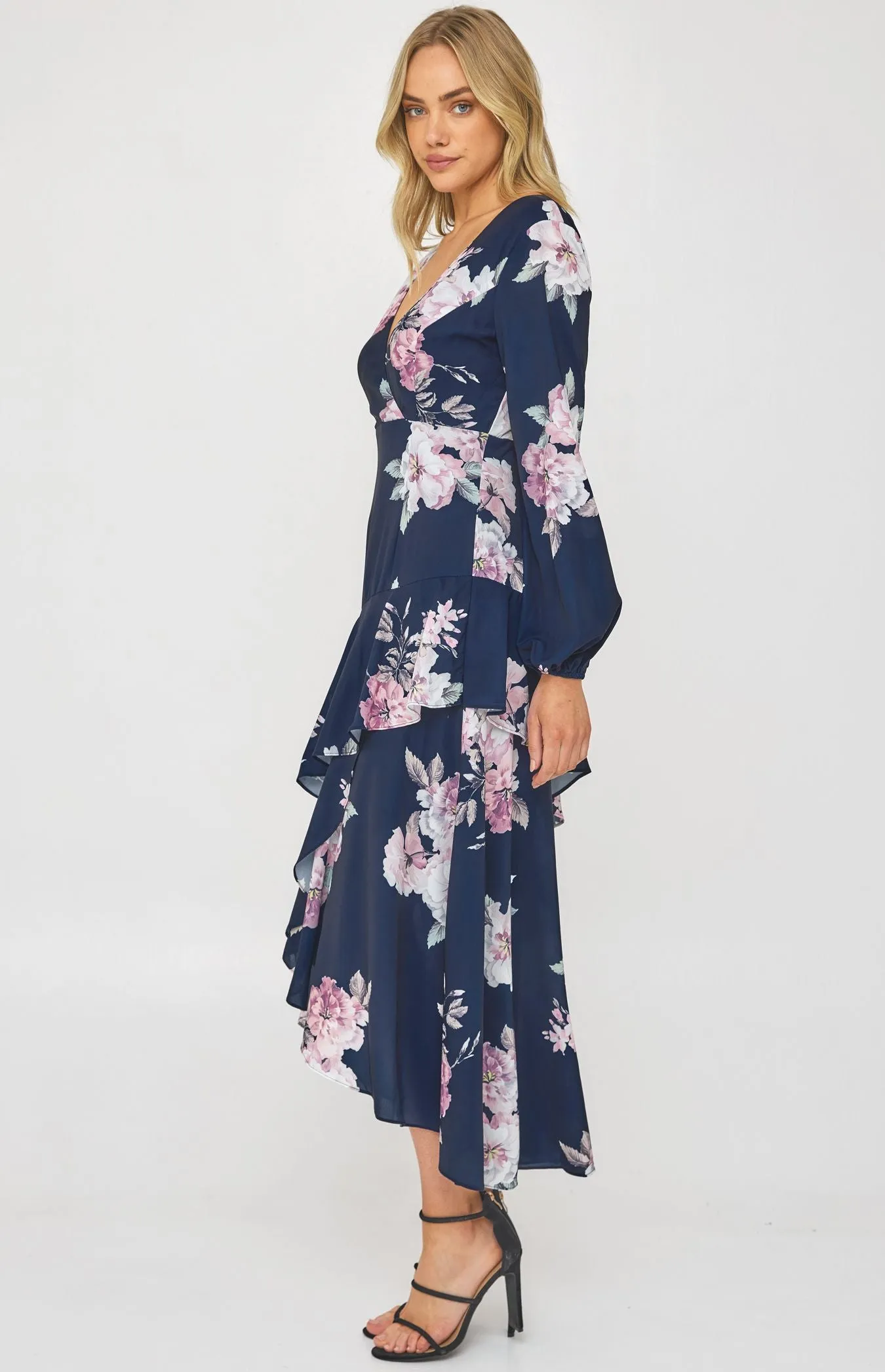 Navy Floral Cocktail Dress with Layered Waterfall Hem