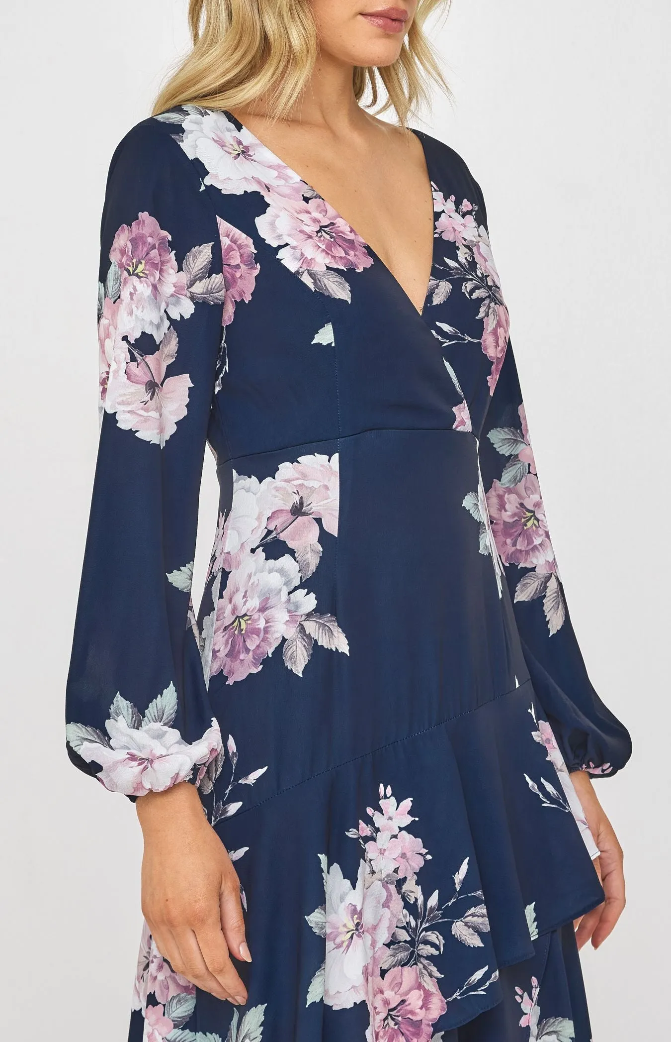Navy Floral Cocktail Dress with Layered Waterfall Hem