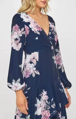 Navy Floral Cocktail Dress with Layered Waterfall Hem