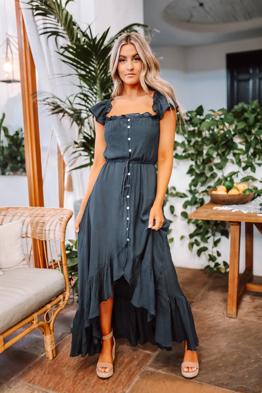 Navy High Low Dress: Off The Shoulder Button Down Maxi