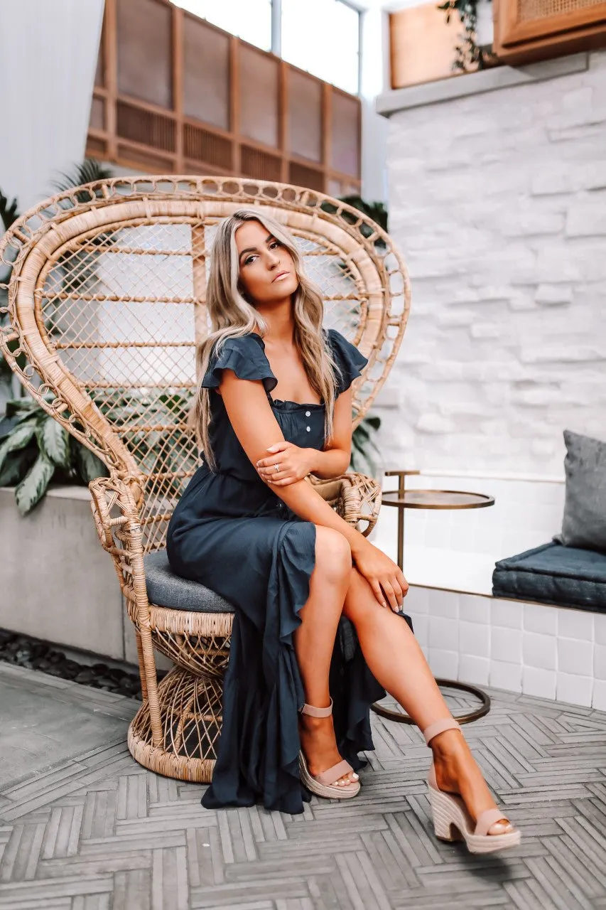 Navy High Low Dress: Off The Shoulder Button Down Maxi