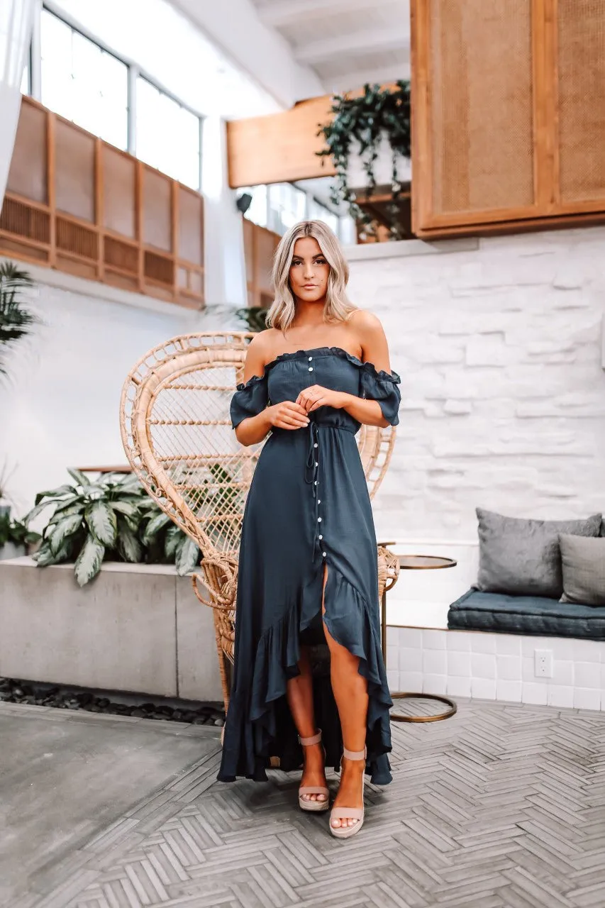 Navy High Low Dress: Off The Shoulder Button Down Maxi