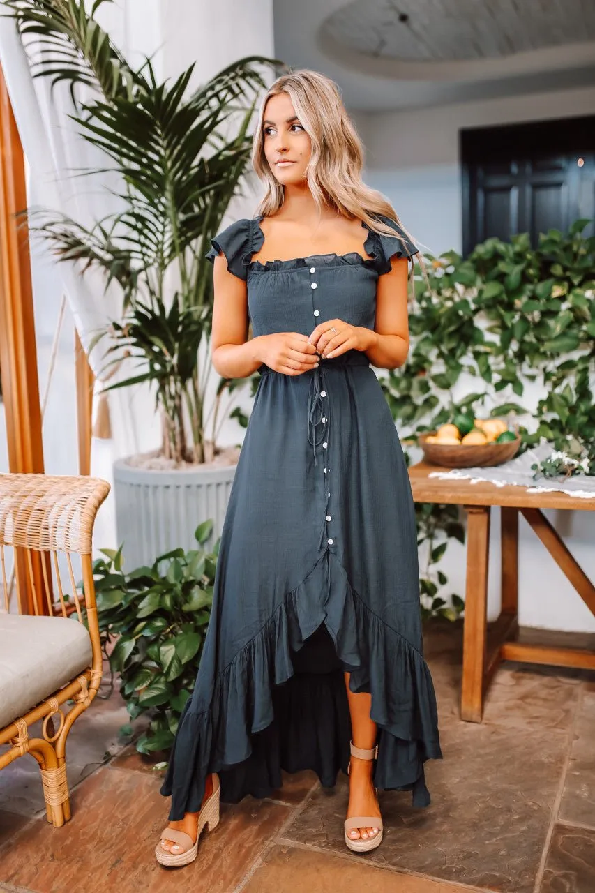 Navy High Low Dress: Off The Shoulder Button Down Maxi