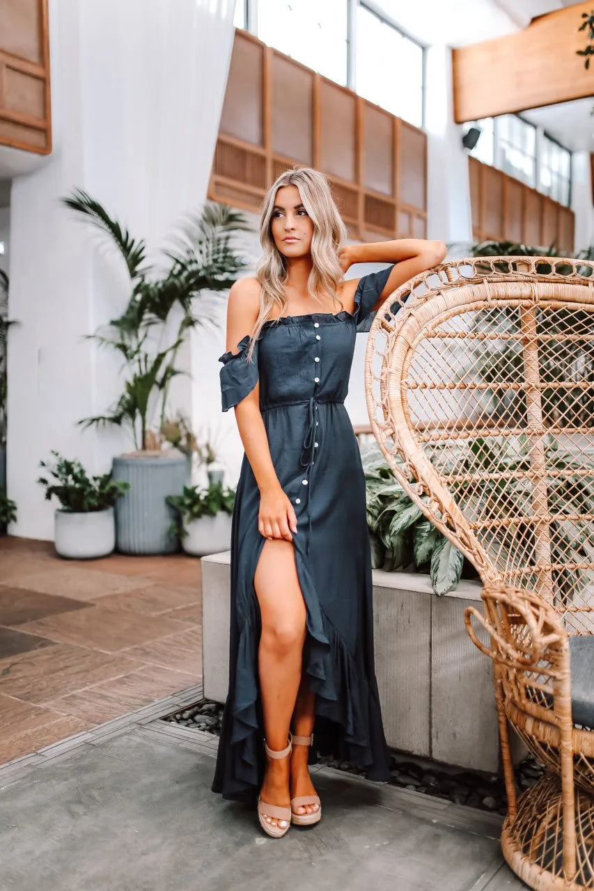 Navy High Low Dress: Off The Shoulder Button Down Maxi