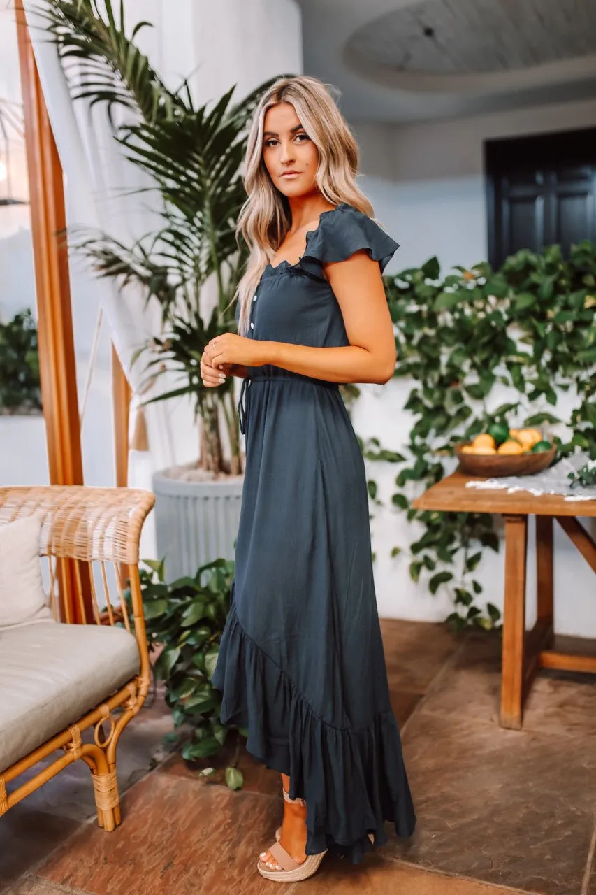 Navy High Low Dress: Off The Shoulder Button Down Maxi