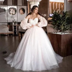 New Ball Gowns Detachable Puff Sleeves Glitter Wedding Dress Appliques Off Shoulder Tulle Boho Bridal Gown