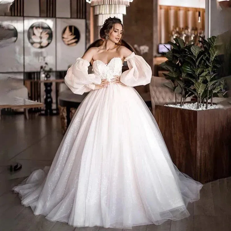 New Ball Gowns Detachable Puff Sleeves Glitter Wedding Dress Appliques Off Shoulder Tulle Boho Bridal Gown