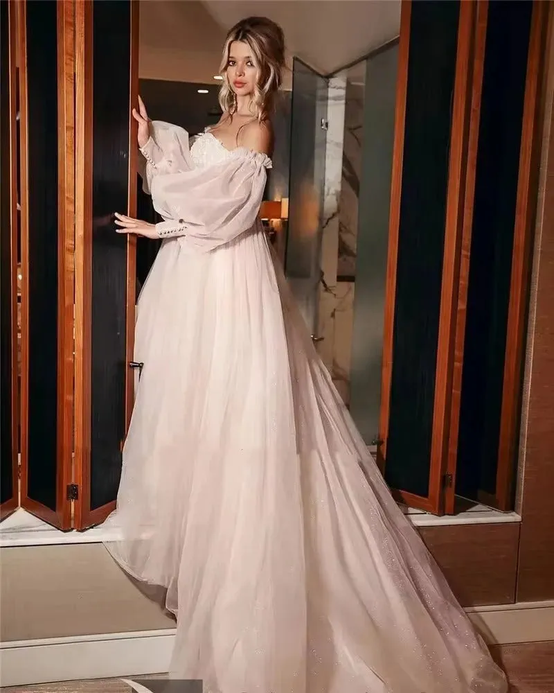 New Ball Gowns Detachable Puff Sleeves Glitter Wedding Dress Appliques Off Shoulder Tulle Boho Bridal Gown