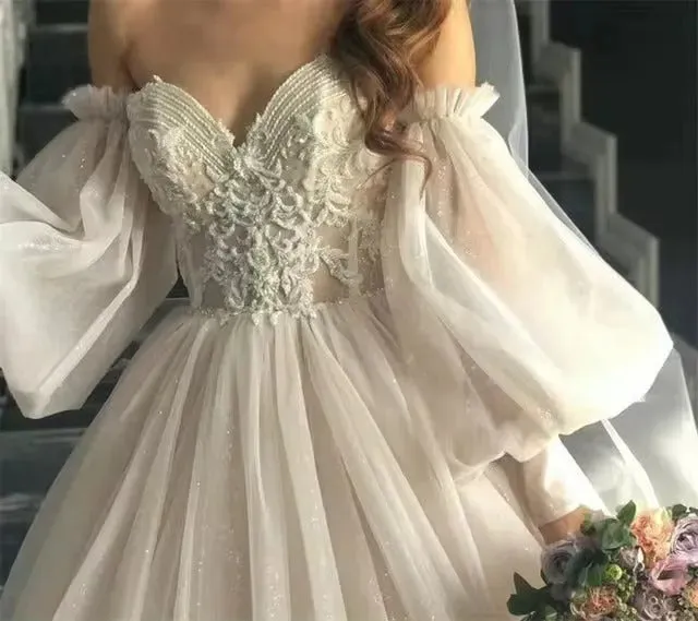 New Ball Gowns Detachable Puff Sleeves Glitter Wedding Dress Appliques Off Shoulder Tulle Boho Bridal Gown