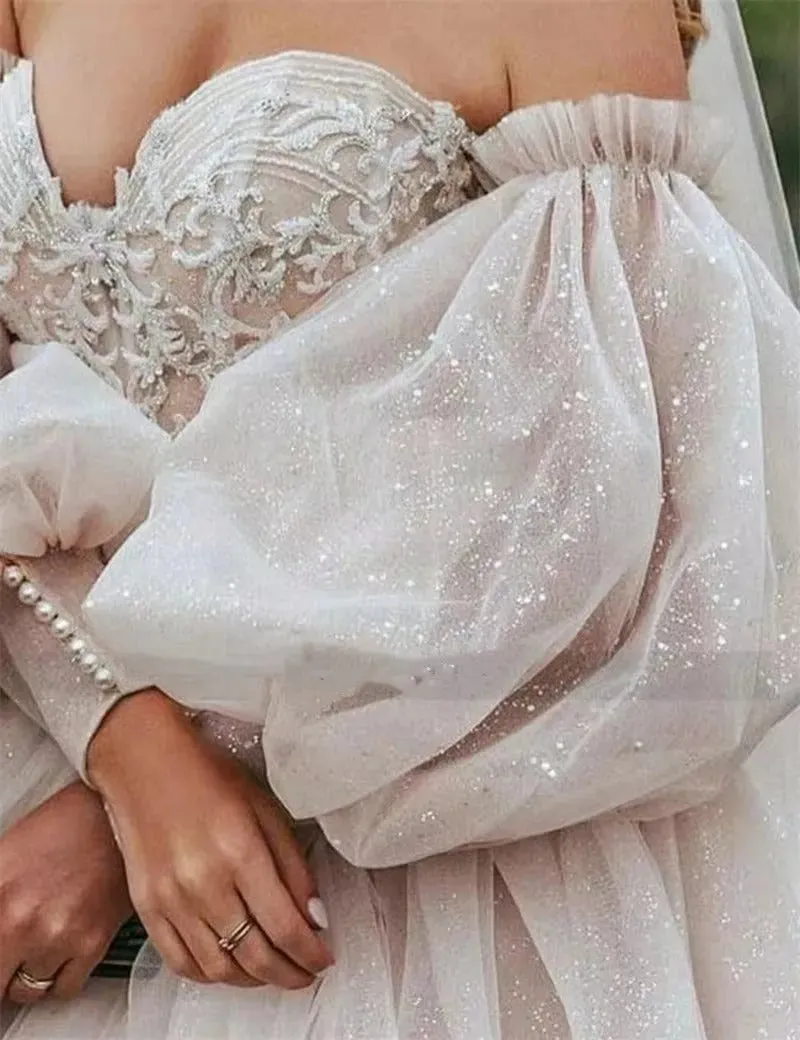 New Ball Gowns Detachable Puff Sleeves Glitter Wedding Dress Appliques Off Shoulder Tulle Boho Bridal Gown
