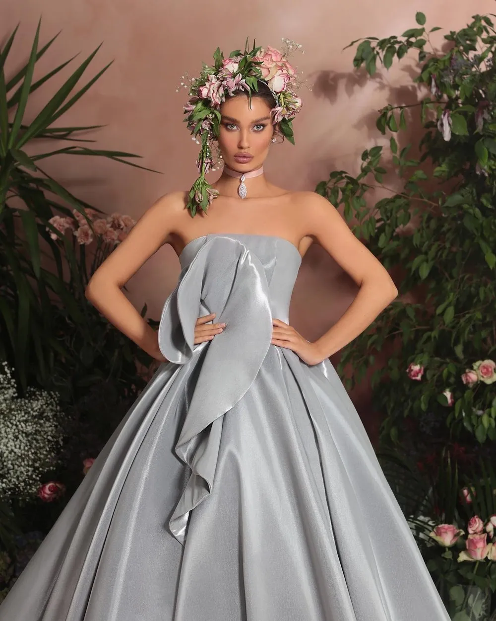 New Design Silver Grey Long Evening Satin Gown  For Party Wear