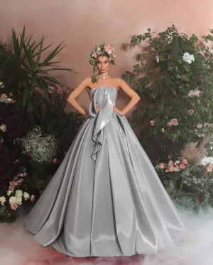 New Design Silver Grey Long Evening Satin Gown  For Party Wear