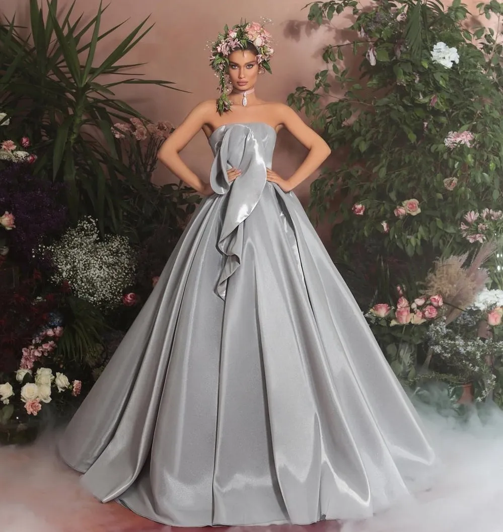 New Design Silver Grey Long Evening Satin Gown  For Party Wear