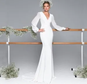 new neck satin chiffon lantern long sleeve ivory mermaid wedding dresses simple abito da sposa Sweep Train