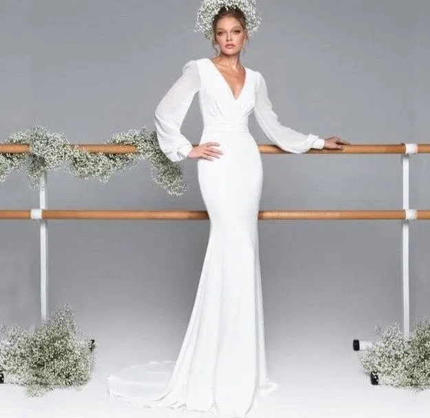 new neck satin chiffon lantern long sleeve ivory mermaid wedding dresses simple abito da sposa Sweep Train