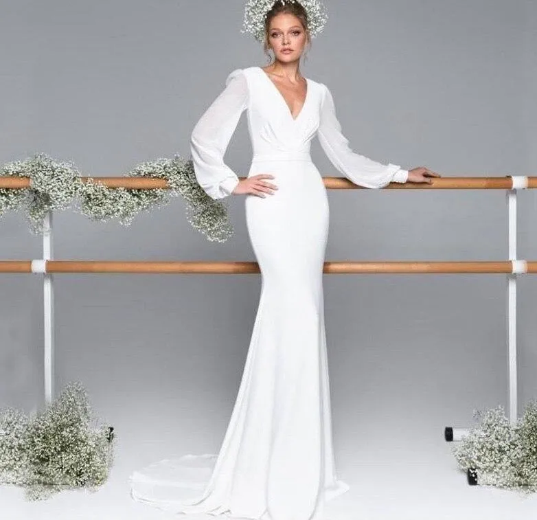 new neck satin chiffon lantern long sleeve ivory mermaid wedding dresses simple abito da sposa Sweep Train