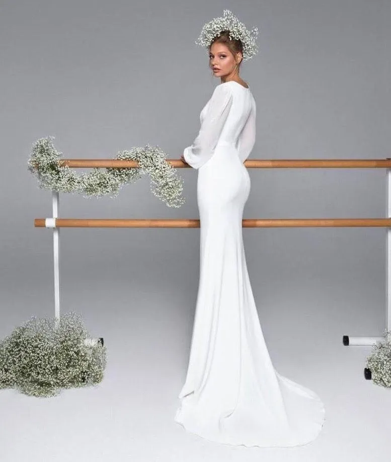 new neck satin chiffon lantern long sleeve ivory mermaid wedding dresses simple abito da sposa Sweep Train
