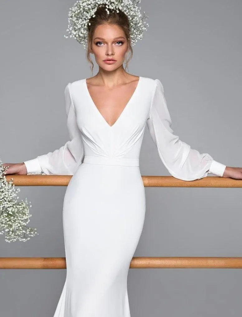 new neck satin chiffon lantern long sleeve ivory mermaid wedding dresses simple abito da sposa Sweep Train