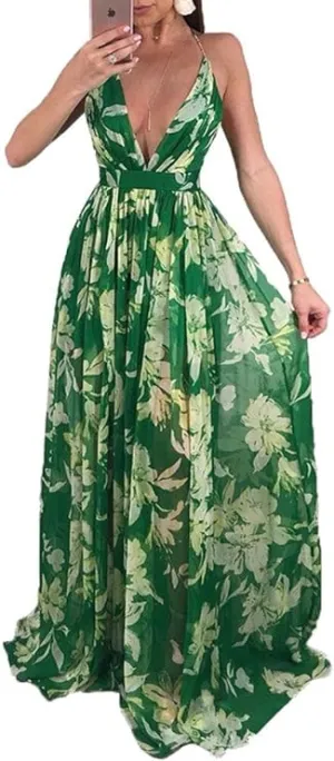 NEW Remelon Womens Sexy Spaghetti Strap Deep V Neck Floral Boho Criss Cross Backless Chiffon Beach Party Long Maxi Dress, Green, Sz S