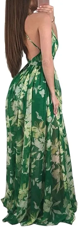 NEW Remelon Womens Sexy Spaghetti Strap Deep V Neck Floral Boho Criss Cross Backless Chiffon Beach Party Long Maxi Dress, Green, Sz S