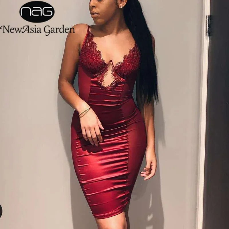 NewAsia Schwarz Mesh Satin Kleid Sommer Midi Kleid Frau Party Nacht Bügel Bodycon Club Kleider Sexy Robe Femme rot