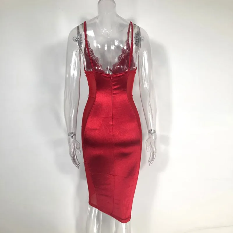 NewAsia Schwarz Mesh Satin Kleid Sommer Midi Kleid Frau Party Nacht Bügel Bodycon Club Kleider Sexy Robe Femme rot