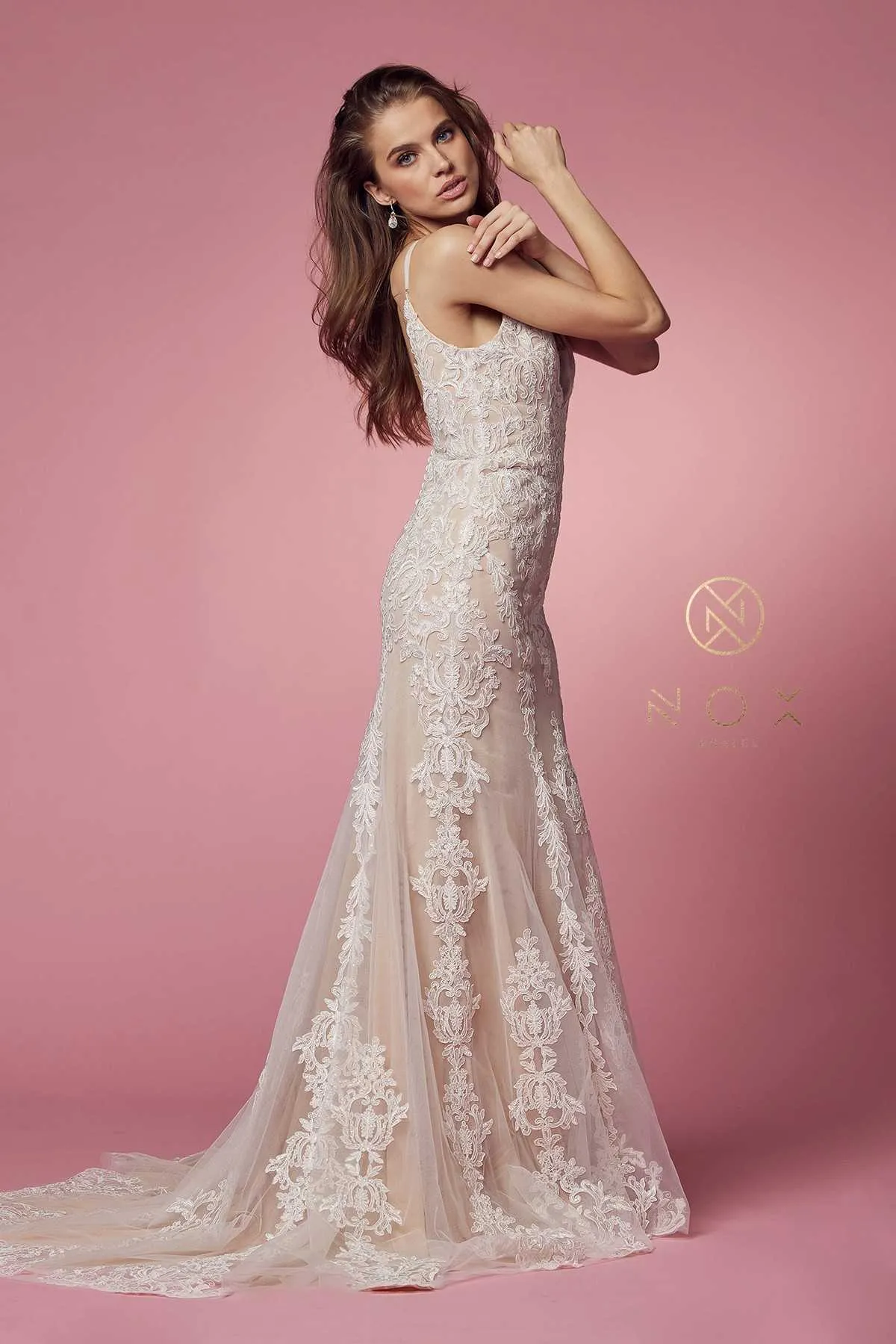 Nox Anabel H494 Spaghetti Strap V-Neckline Long Lace Wedding Gown