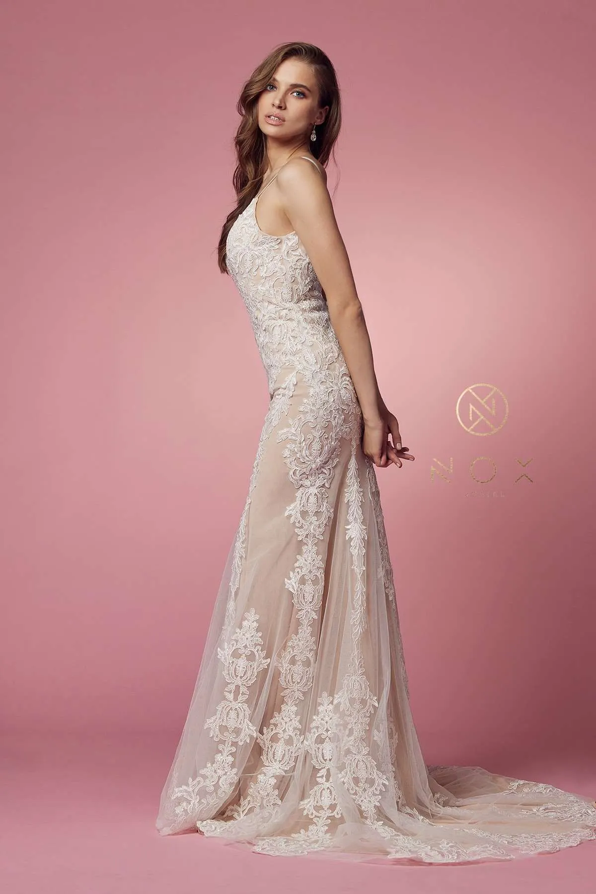 Nox Anabel H494 Spaghetti Strap V-Neckline Long Lace Wedding Gown